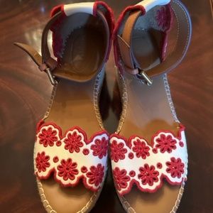 red and white leather, SeeByChloe platform sandals, Size 8